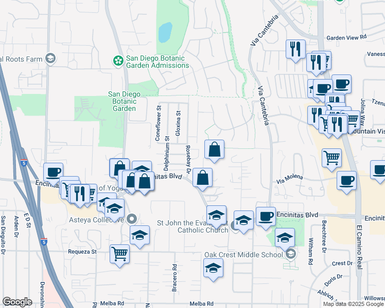map of restaurants, bars, coffee shops, grocery stores, and more near 155 Rosebay Drive in Encinitas