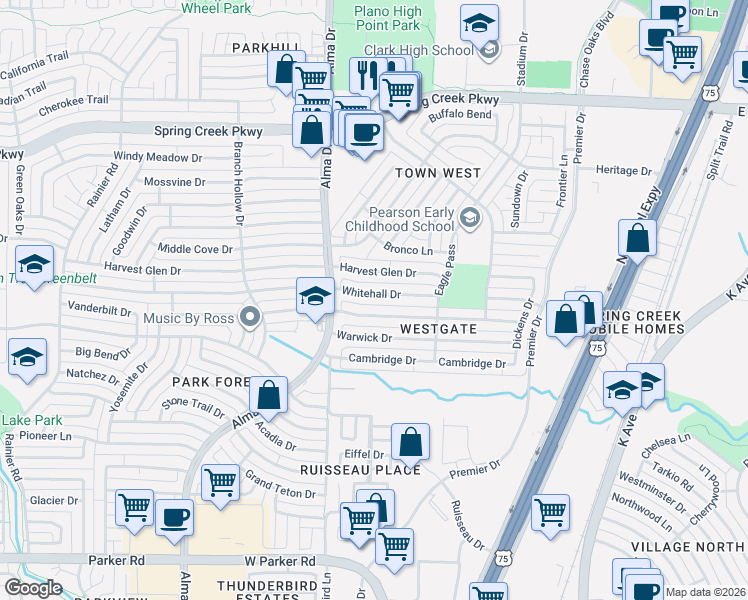 map of restaurants, bars, coffee shops, grocery stores, and more near 848 Harvest Glen Drive in Plano