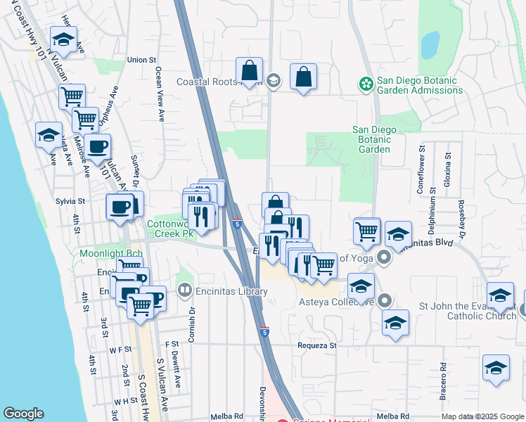 map of restaurants, bars, coffee shops, grocery stores, and more near 123 Mangano Circle in Encinitas