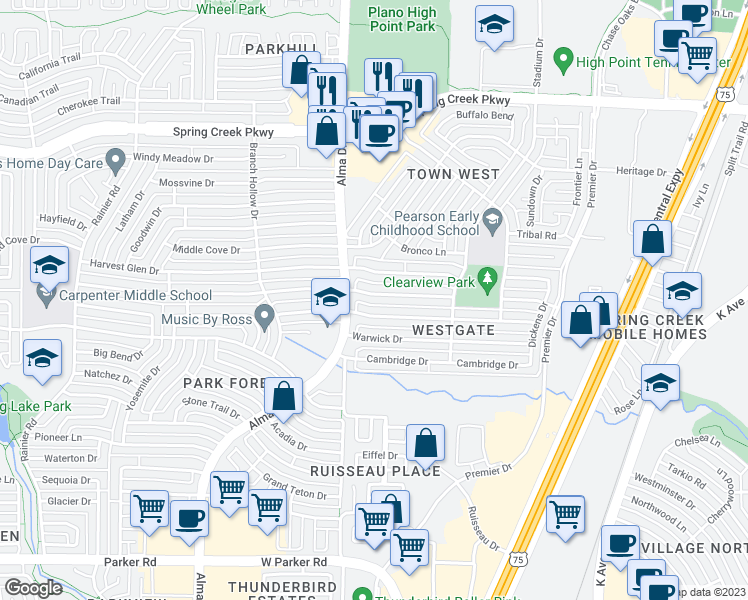 map of restaurants, bars, coffee shops, grocery stores, and more near 860 Whitehall Drive in Plano