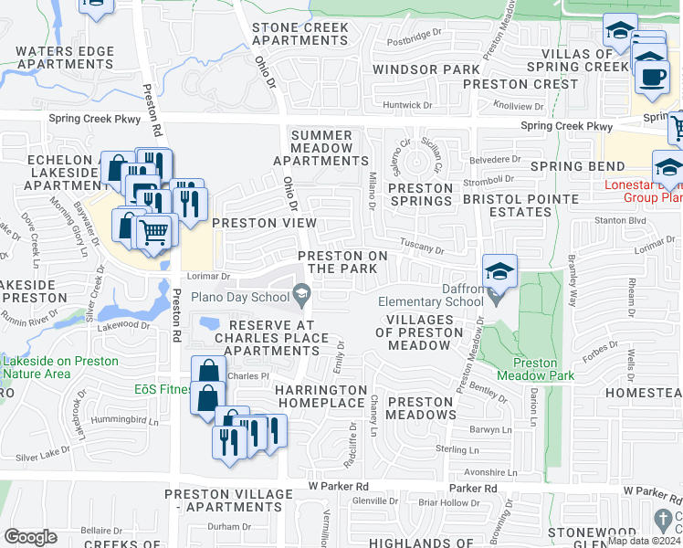 map of restaurants, bars, coffee shops, grocery stores, and more near 3960 Cobblestone Court in Plano