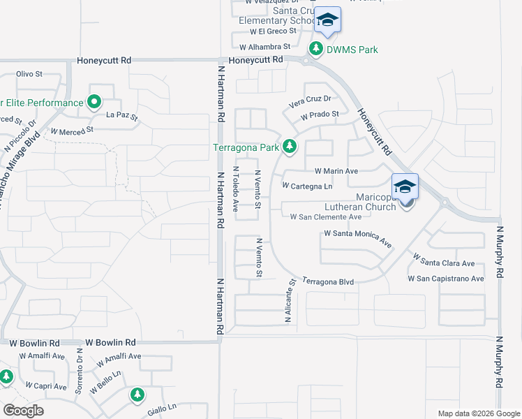 map of restaurants, bars, coffee shops, grocery stores, and more near 36522 West San Pedro Drive in Maricopa