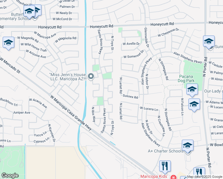 map of restaurants, bars, coffee shops, grocery stores, and more near 42758 West Camino de Janos in Maricopa