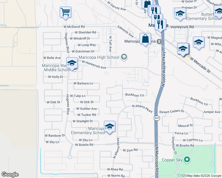 map of restaurants, bars, coffee shops, grocery stores, and more near 45307 Jack Rabbit Trail in Maricopa