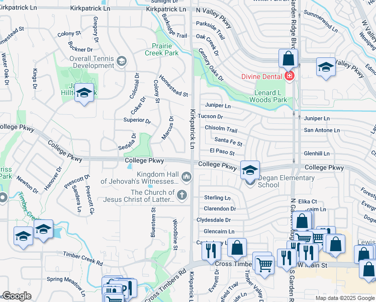 map of restaurants, bars, coffee shops, grocery stores, and more near 1125 Prospect Drive in Flower Mound