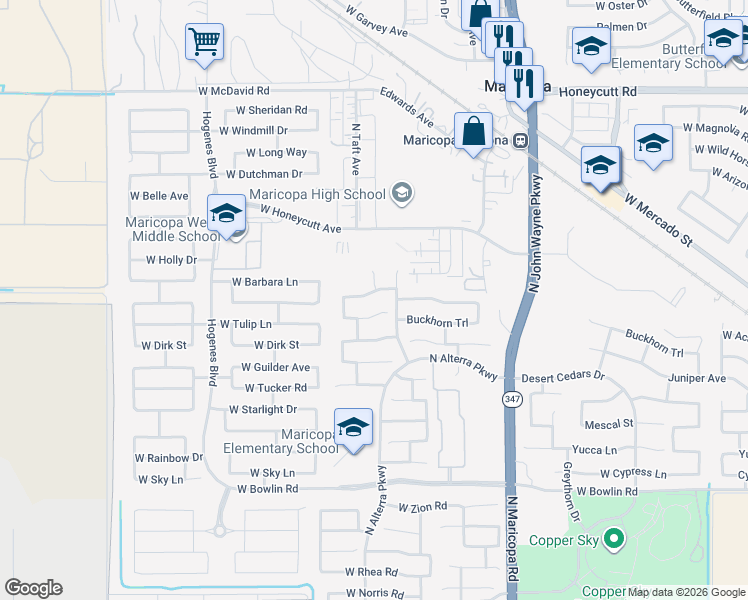 map of restaurants, bars, coffee shops, grocery stores, and more near 45308 Jack Rabbit Trail in Maricopa