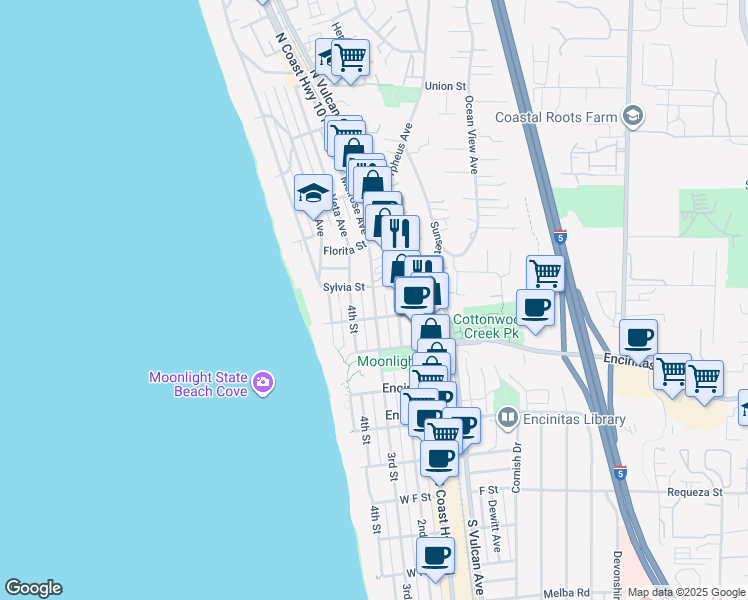 map of restaurants, bars, coffee shops, grocery stores, and more near 338 Sylvia Street in Encinitas