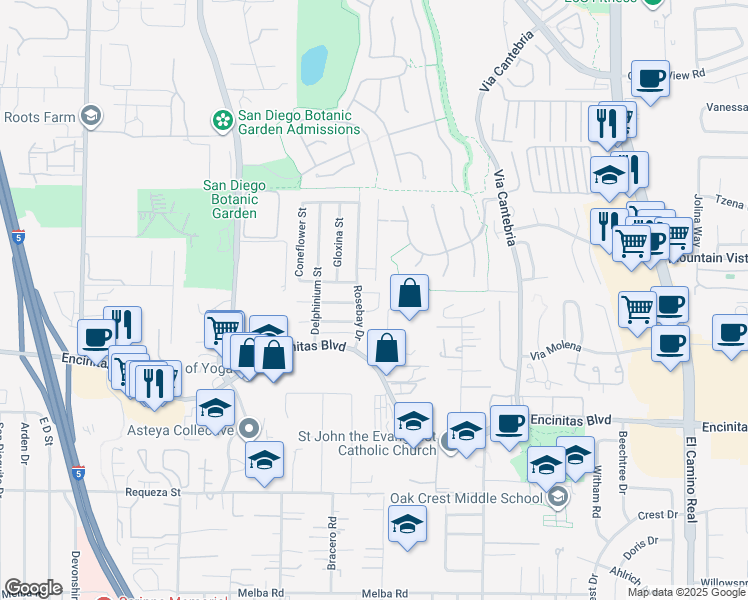 map of restaurants, bars, coffee shops, grocery stores, and more near 155 Rosebay Drive in Encinitas
