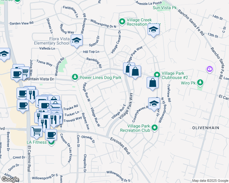 map of restaurants, bars, coffee shops, grocery stores, and more near 265 Aspenwood Lane in Encinitas