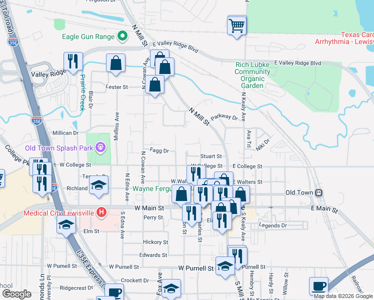 map of restaurants, bars, coffee shops, grocery stores, and more near 601 North Charles Street in Lewisville