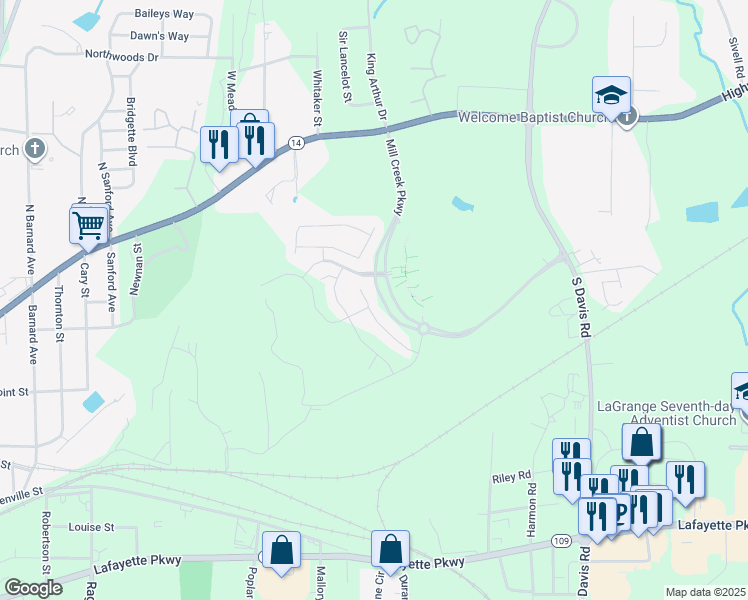map of restaurants, bars, coffee shops, grocery stores, and more near 230 River Meadow Drive in LaGrange