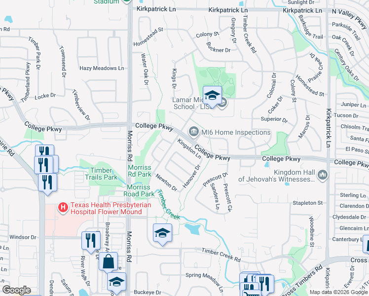 map of restaurants, bars, coffee shops, grocery stores, and more near 1813 Kingston Lane in Flower Mound