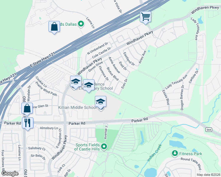 map of restaurants, bars, coffee shops, grocery stores, and more near 2513 Scotti Street in Lewisville