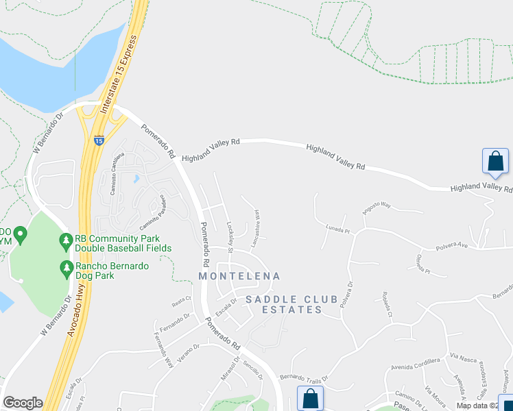 map of restaurants, bars, coffee shops, grocery stores, and more near 18635 Lancashire Way in San Diego