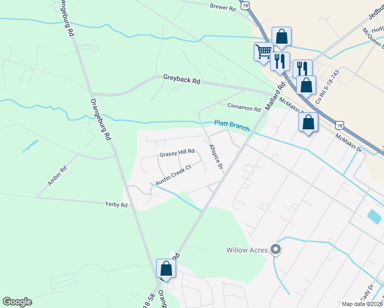 map of restaurants, bars, coffee shops, grocery stores, and more near 616 Grassy Hill Road in Summerville