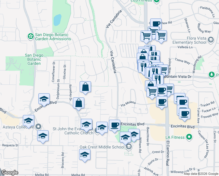 map of restaurants, bars, coffee shops, grocery stores, and more near 411 Sandalwood Court in Encinitas