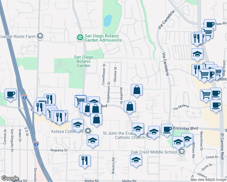map of restaurants, bars, coffee shops, grocery stores, and more near 742 Snapdragon Street in Encinitas
