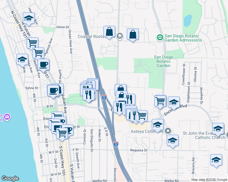 map of restaurants, bars, coffee shops, grocery stores, and more near 144 Mangano Circle in Encinitas