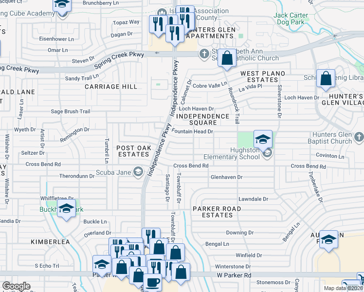 map of restaurants, bars, coffee shops, grocery stores, and more near 2917 Shalimar Drive in Plano