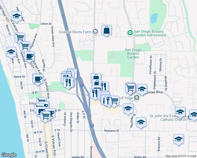 map of restaurants, bars, coffee shops, grocery stores, and more near 185 Saxony Road in Encinitas