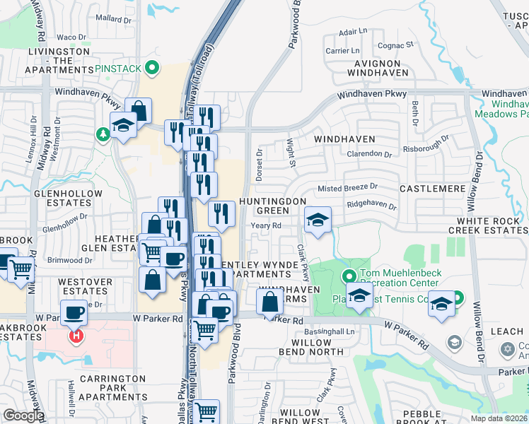 map of restaurants, bars, coffee shops, grocery stores, and more near 5924 Henley Drive in Plano
