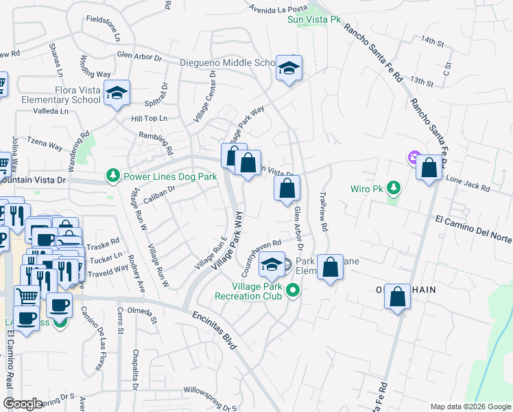 map of restaurants, bars, coffee shops, grocery stores, and more near 285 Countrywood Lane in Encinitas