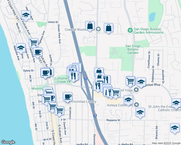 map of restaurants, bars, coffee shops, grocery stores, and more near Seacrest Way in Encinitas