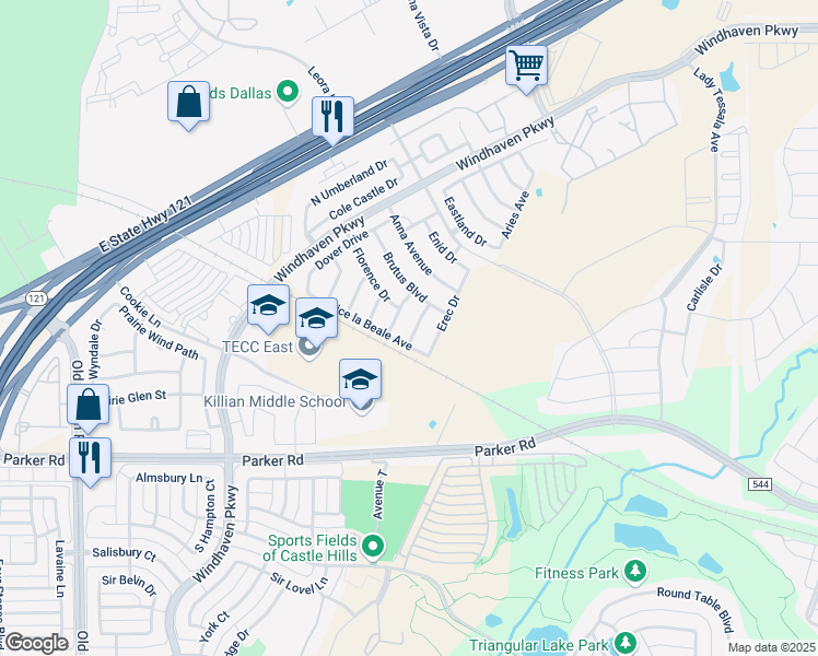 map of restaurants, bars, coffee shops, grocery stores, and more near 2513 Scotti Street in Lewisville