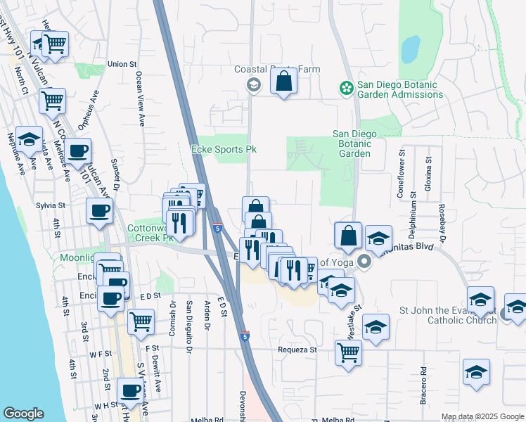 map of restaurants, bars, coffee shops, grocery stores, and more near 185 Saxony Road in Encinitas