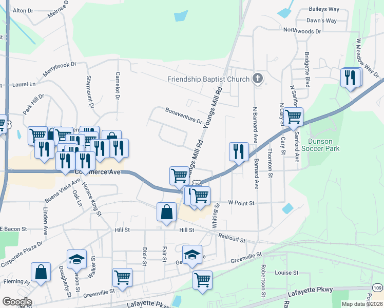 map of restaurants, bars, coffee shops, grocery stores, and more near 104 Youngs Mill Road in LaGrange