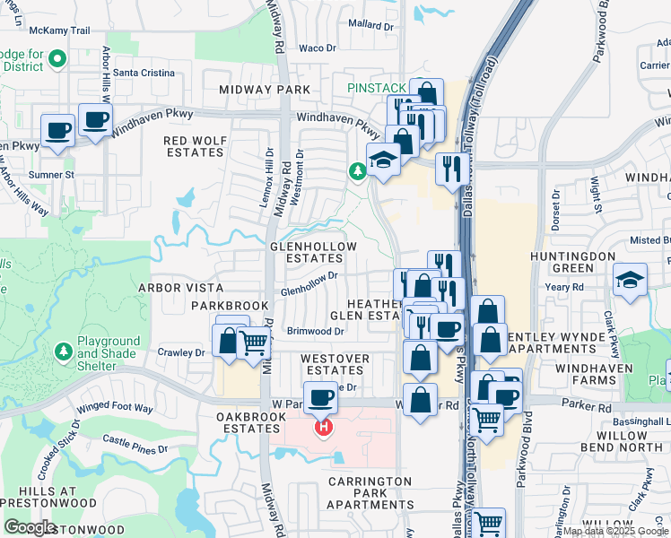 map of restaurants, bars, coffee shops, grocery stores, and more near 6305 Glenhollow Drive in Plano