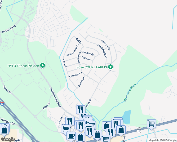 map of restaurants, bars, coffee shops, grocery stores, and more near 107 Trailway Drive in Summerville