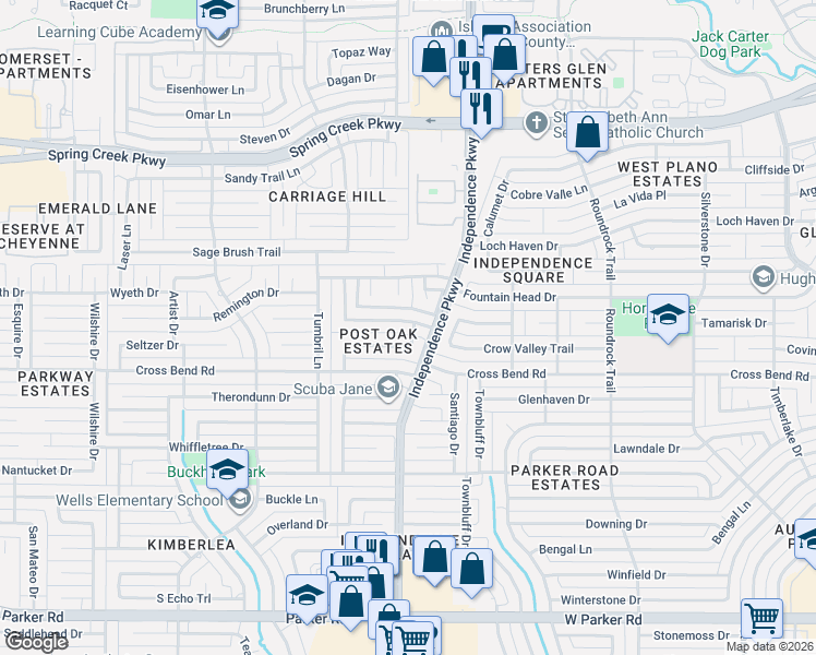 map of restaurants, bars, coffee shops, grocery stores, and more near 3105 Bullock Drive in Plano