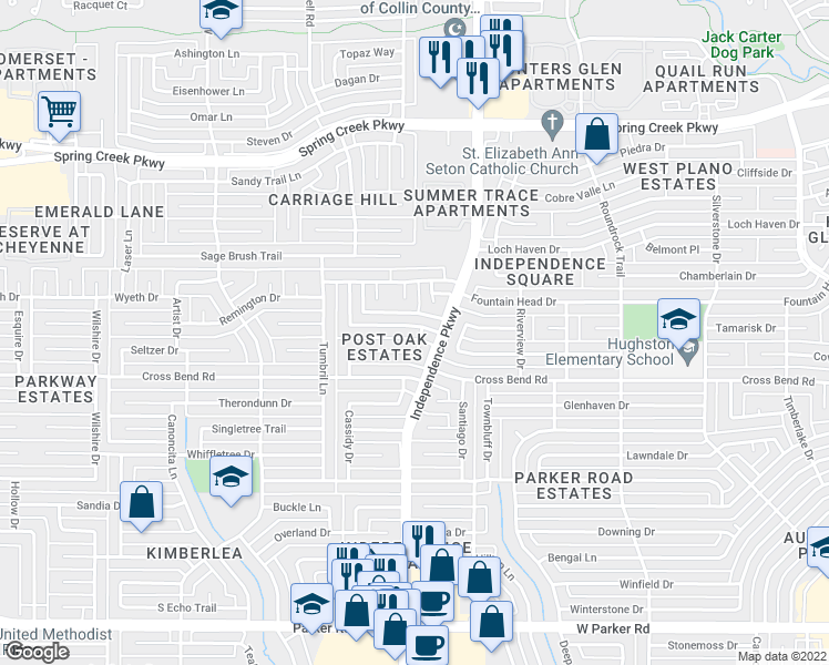map of restaurants, bars, coffee shops, grocery stores, and more near 3105 Bullock Drive in Plano