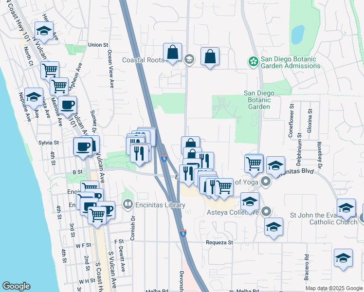 map of restaurants, bars, coffee shops, grocery stores, and more near 131 Mangano Circle in Encinitas
