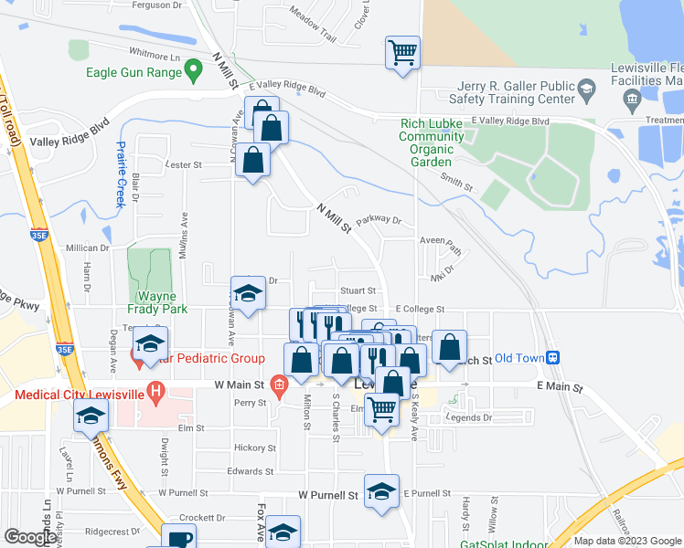 map of restaurants, bars, coffee shops, grocery stores, and more near 526 North Charles Street in Lewisville