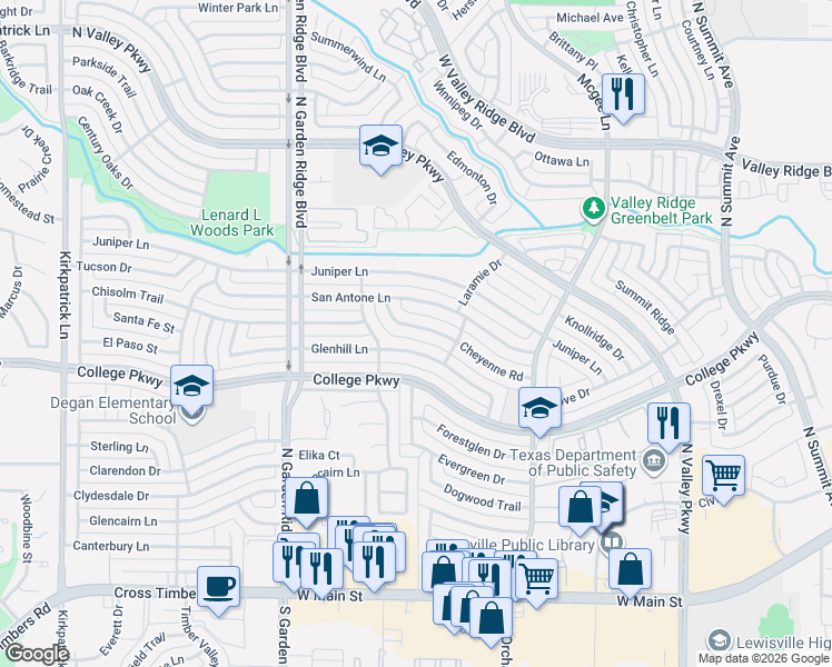 map of restaurants, bars, coffee shops, grocery stores, and more near 1425 Cheyenne Road in Lewisville