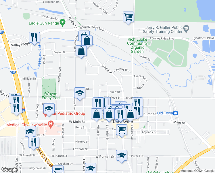 map of restaurants, bars, coffee shops, grocery stores, and more near 527 North Charles Street in Lewisville