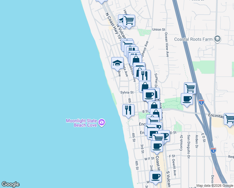 map of restaurants, bars, coffee shops, grocery stores, and more near 444 Sylvia Street in Encinitas