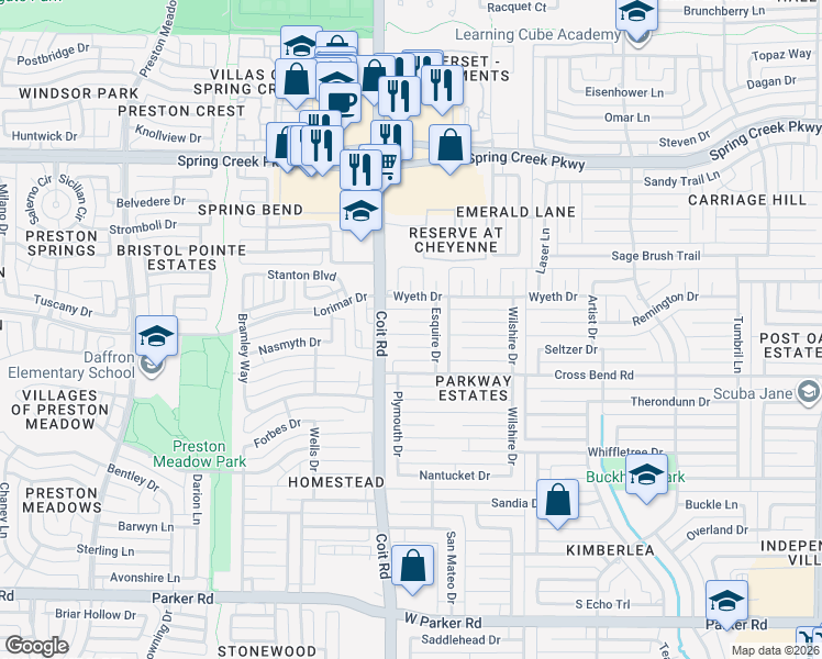 map of restaurants, bars, coffee shops, grocery stores, and more near 3917 Davis Circle in Plano