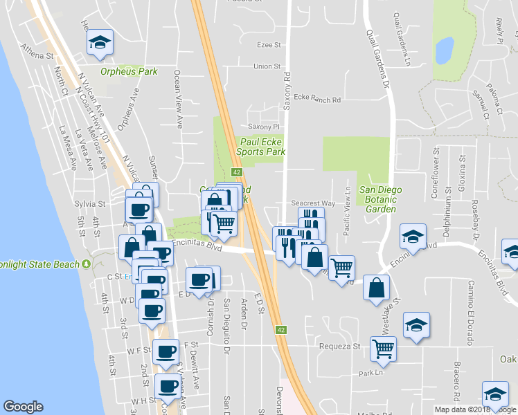 map of restaurants, bars, coffee shops, grocery stores, and more near 153 Mangano Circle in Encinitas