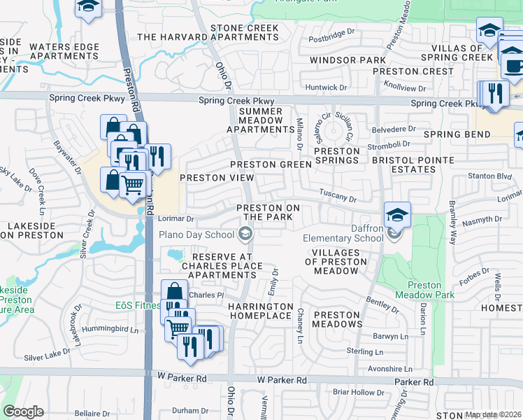 map of restaurants, bars, coffee shops, grocery stores, and more near 3933 Lorimar Drive in Plano