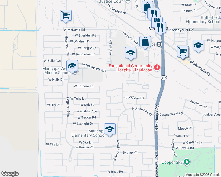 map of restaurants, bars, coffee shops, grocery stores, and more near 45308 Jack Rabbit Trail in Maricopa