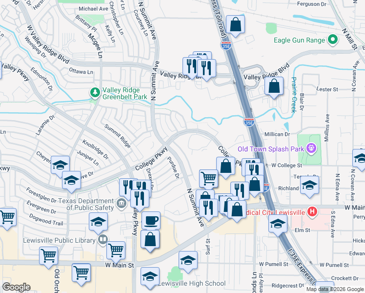 map of restaurants, bars, coffee shops, grocery stores, and more near 625 Hutchinson Lane in Lewisville