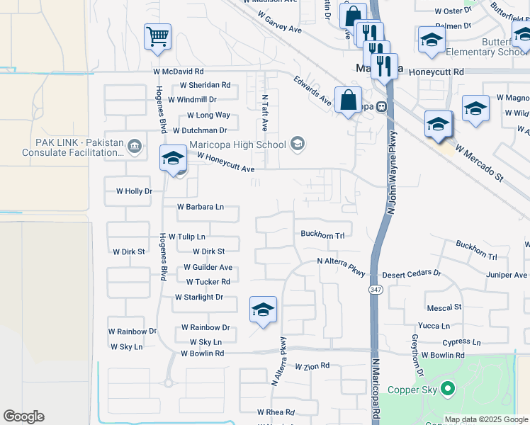 map of restaurants, bars, coffee shops, grocery stores, and more near 45308 Jack Rabbit Trail in Maricopa