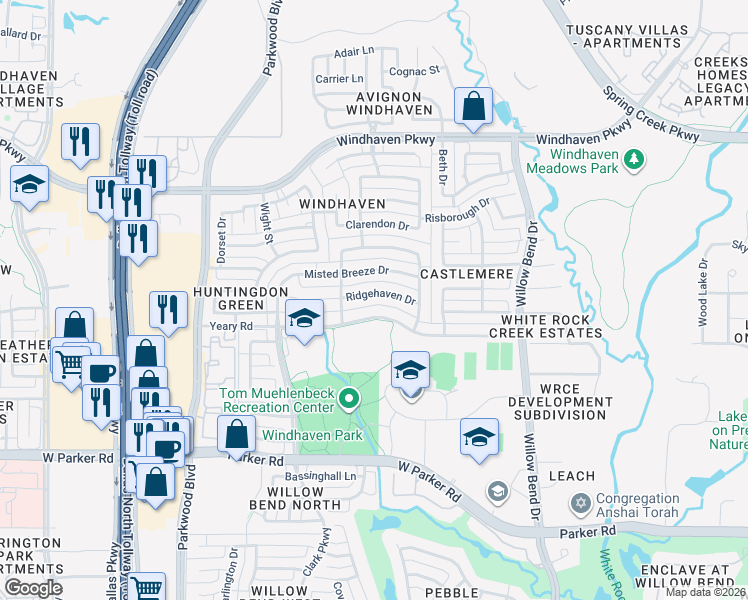 map of restaurants, bars, coffee shops, grocery stores, and more near 5728 Ridgehaven Drive in Plano