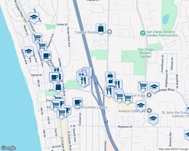 map of restaurants, bars, coffee shops, grocery stores, and more near 153 Mangano Circle in Encinitas