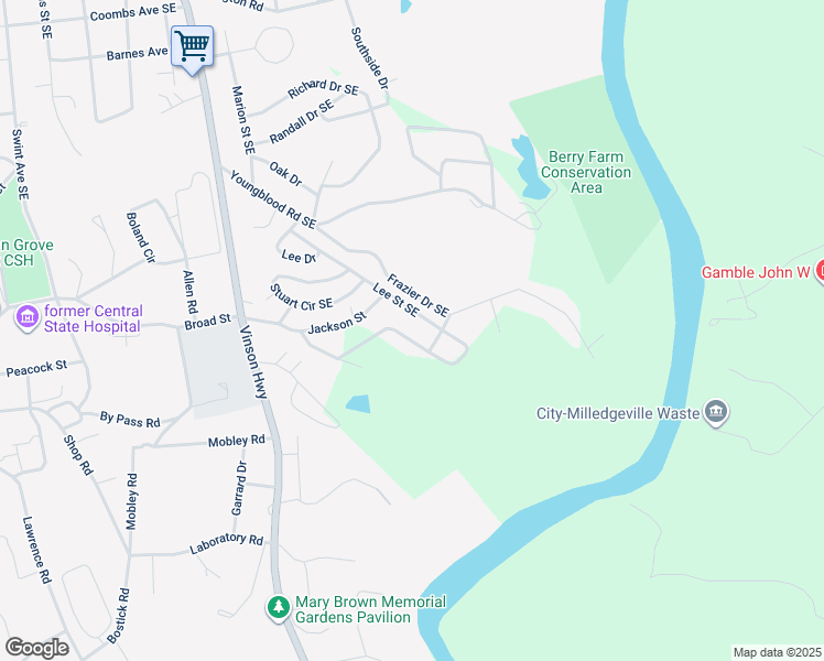 map of restaurants, bars, coffee shops, grocery stores, and more near 165 Lee Street Southeast in Milledgeville