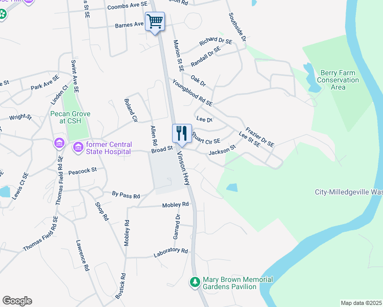 map of restaurants, bars, coffee shops, grocery stores, and more near 109 Gilman Street Southeast in Milledgeville