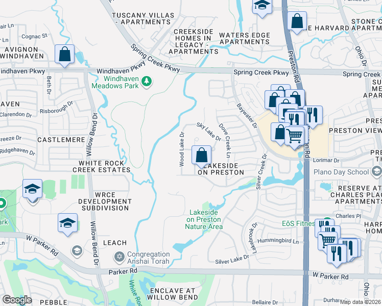 map of restaurants, bars, coffee shops, grocery stores, and more near 3917 Wishing Well Lane in Plano